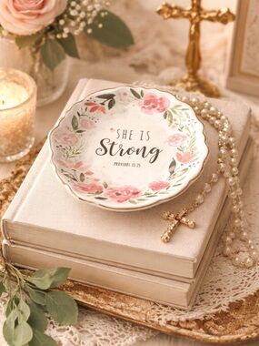 NIB Floral Clay Trinket Dish Proverbs 31:25